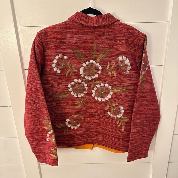 ALEX KIM Woman Red floral painted blazer Cotton 1X artsy novelty grandmacore - Picture 2 of 9